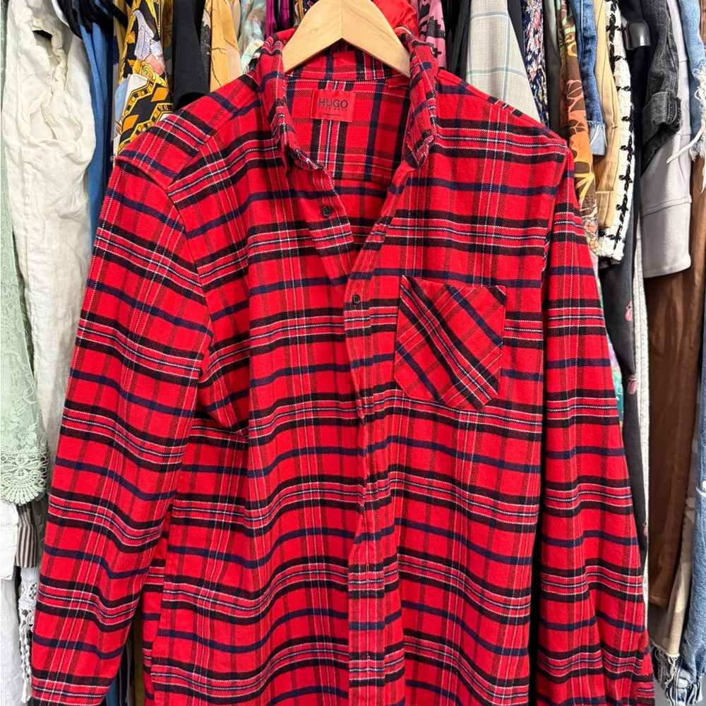 HUGO Red and Black Plaid Button-Down Shirt